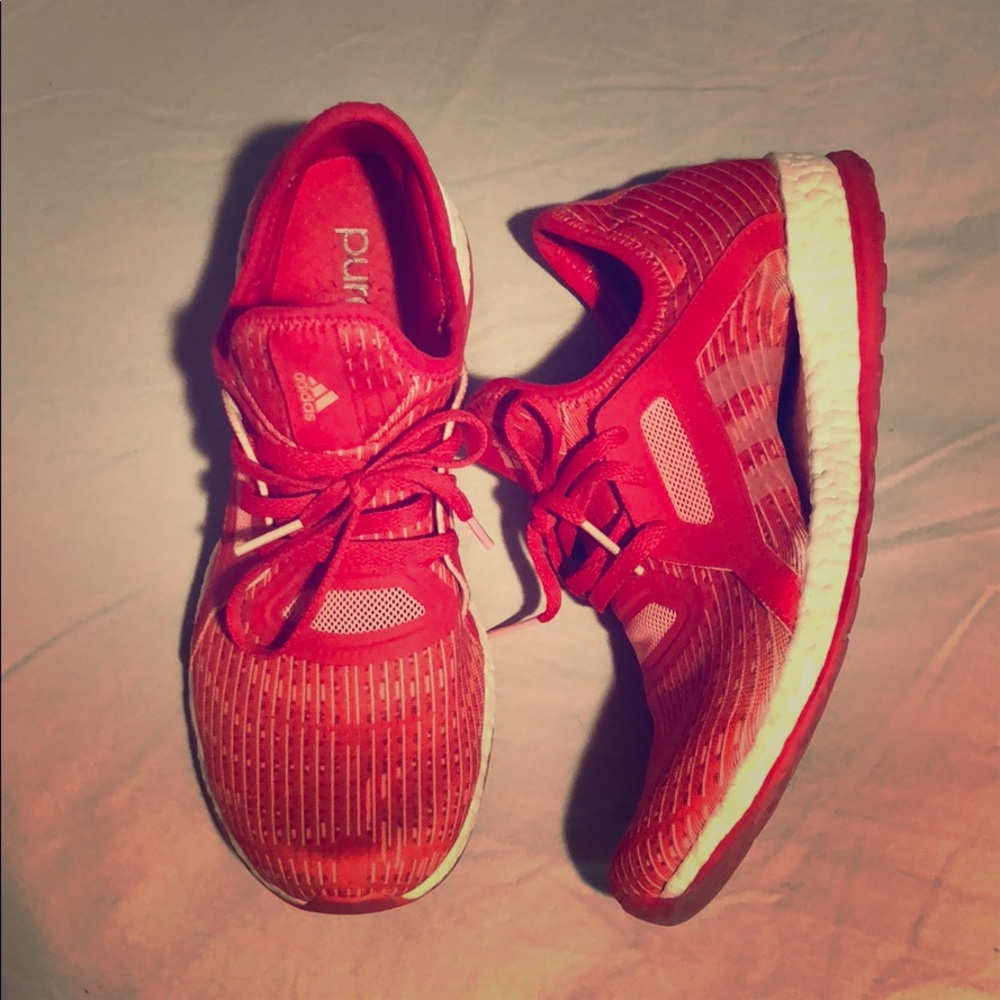 Adidas red PureBoost running shoes, 8.5
